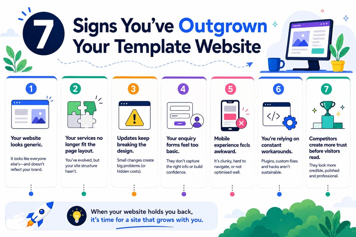 Infographic showing seven signs that a growing business has outgrown its template website, including generic design, limited layouts, basic forms, mobile issues, and repeated workarounds.