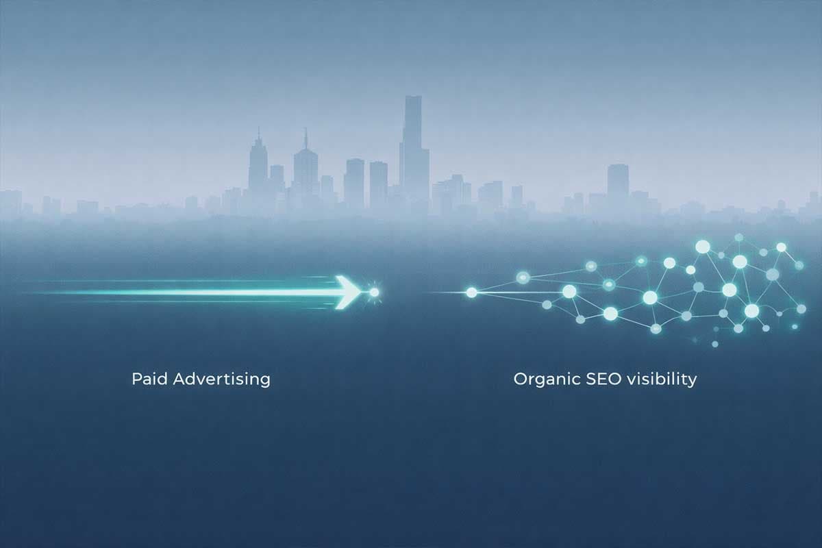 Infographic comparing fast temporary paid traffic with gradual long term SEO visibility growth