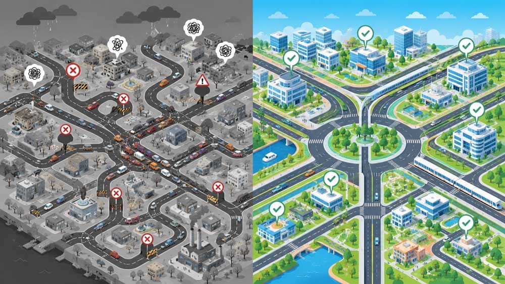 Split-screen infographic comparing a chaotic city with disconnected roads and traffic bottlenecks against a well-organised city infrastructure representing poor versus effective website structure planning.