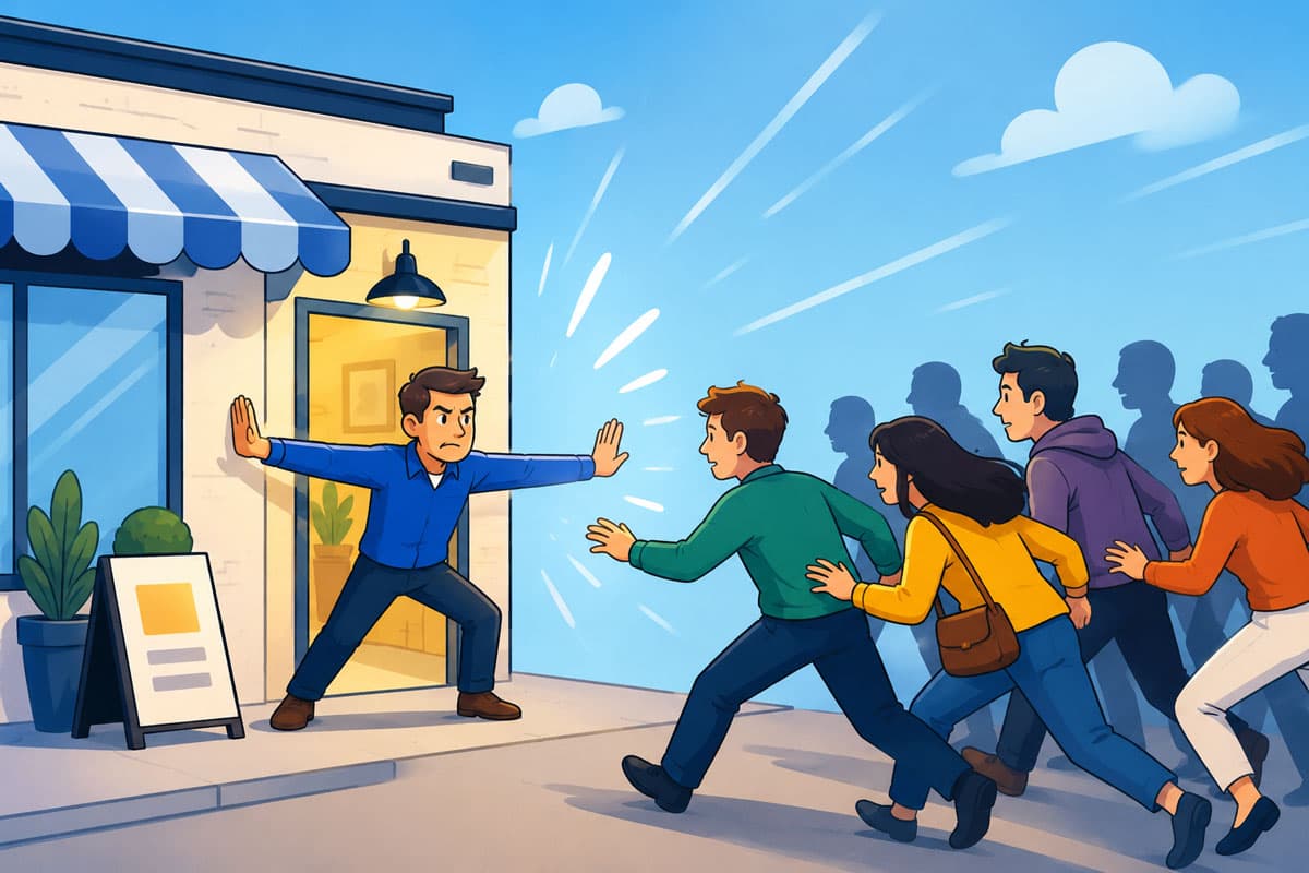 Business owner wearing a tight template website like a small jacket while trying to reach customers, symbolising a business that has outgrown its website.