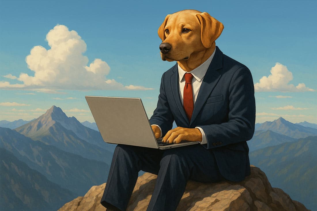 A dog as a content writer on top of the world with his laptop