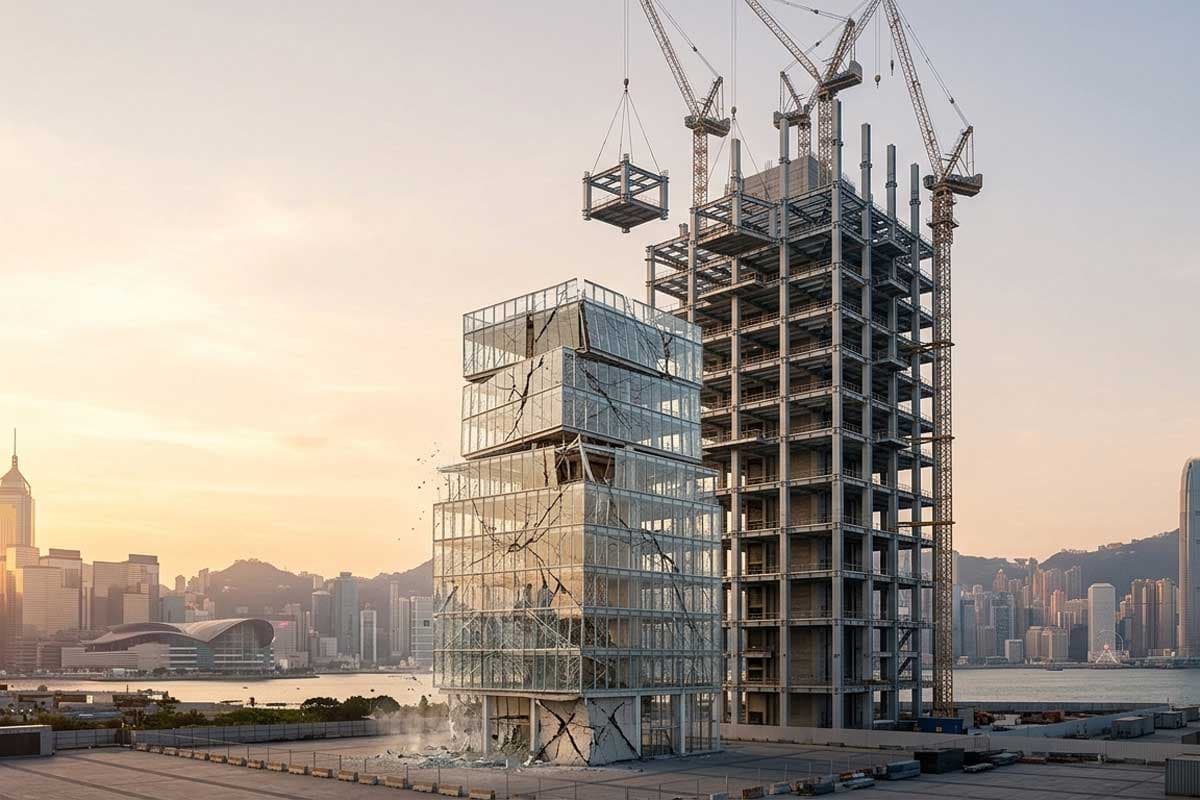 Glass tower cracking under growth beside a modular steel skyscraper symbolising scalable website architecture