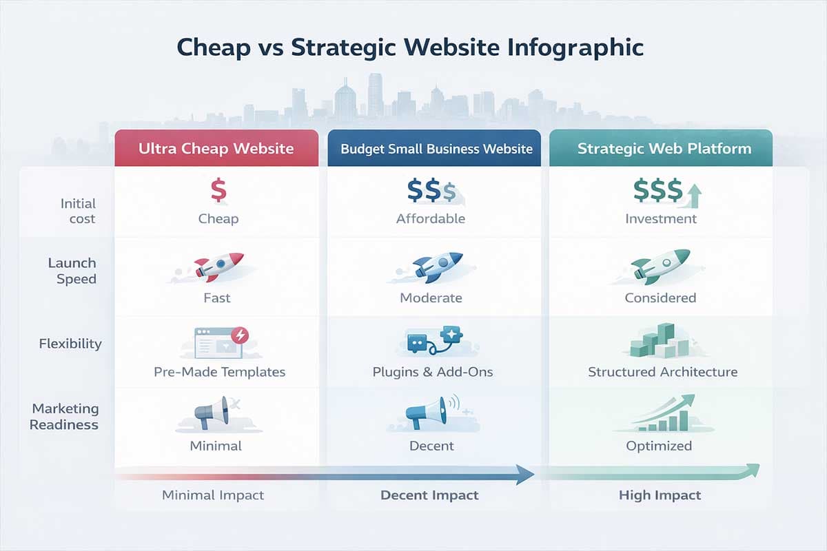 Infographic comparing cheap websites budget business websites and strategic web platforms