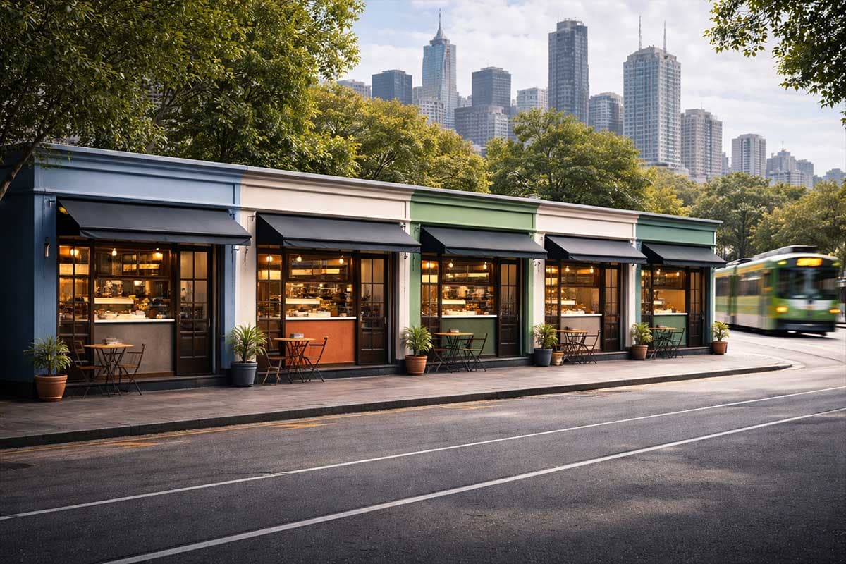 Identical storefronts symbolising template websites used by many businesses