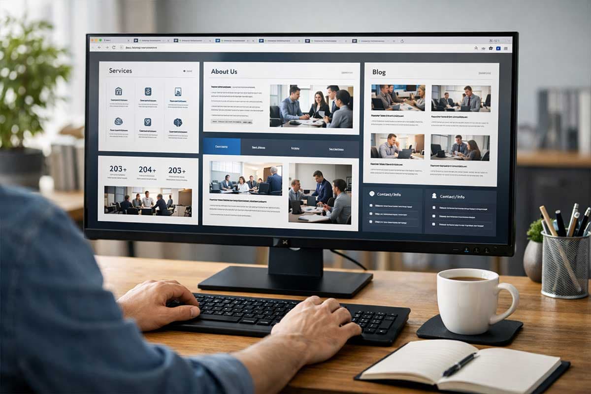User browsing a business website with multiple pages navigation menus and service sections on a desktop screen