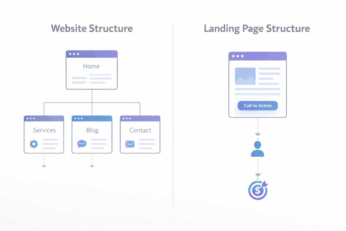 Infographic comparing website structure with multiple pages and navigation versus landing page focused on a single conversion goal