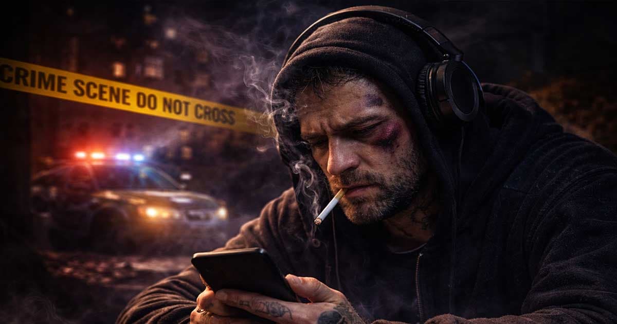 A criminal listening to a podcast