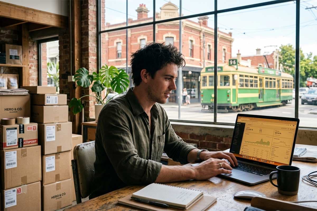 a young entrepreneur in a sunlit, industrial-style studio in Fitzroy, Melbourne.