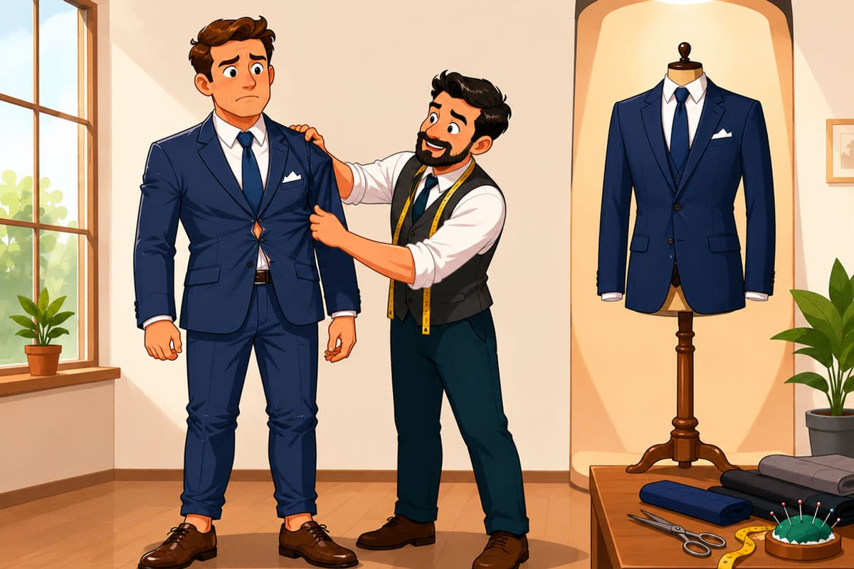 Tailor struggling to adjust a standard suit for a growing business owner, symbolising the limitations of a template website compared with a custom solution.