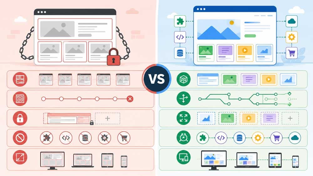 Conceptual infographic showing the long-term limitations of choosing a restrictive website structure through contrasting growth paths and scalable systems.