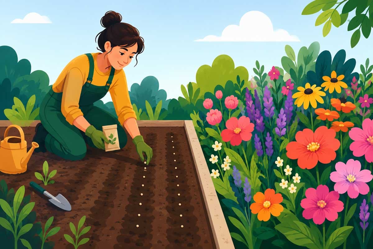 Illustrated gardener planting seeds in one section of a garden while flowers bloom in another, symbolising the importance of completing foundations before focusing on presentation.