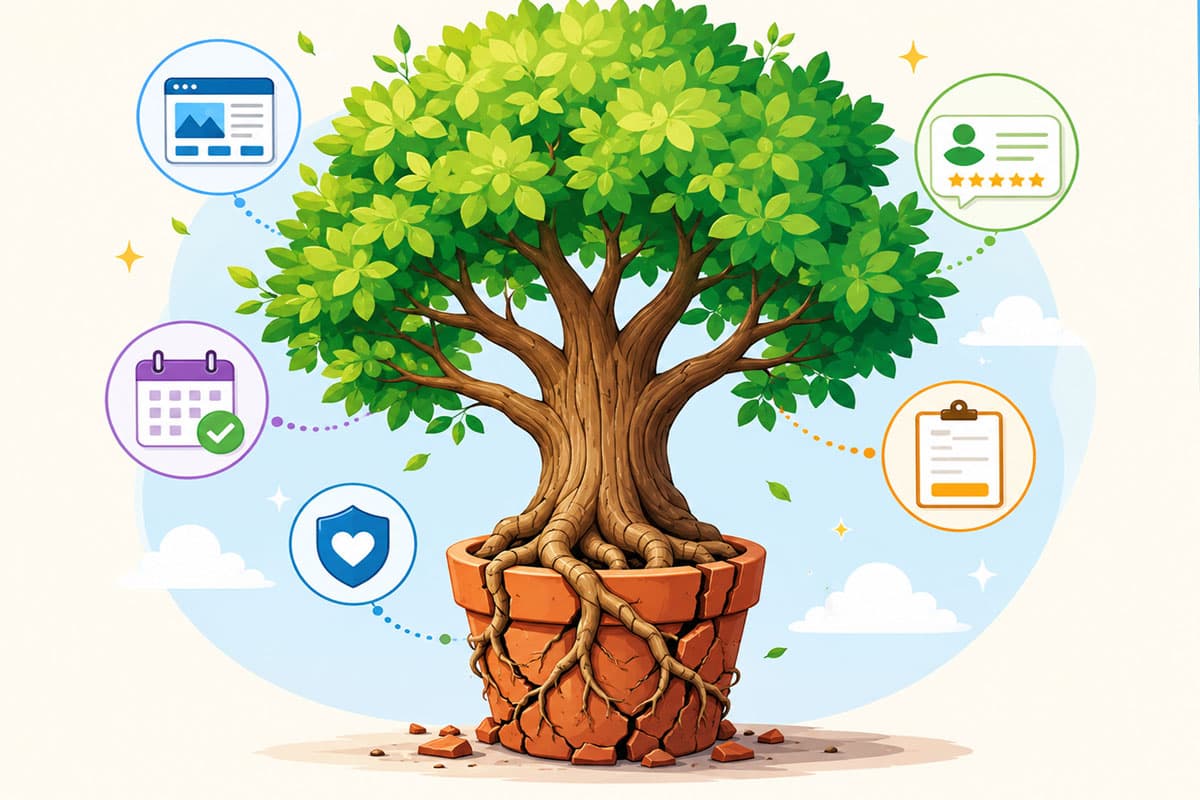 Growing tree breaking out of a small flower pot, representing a business that has outgrown the limits of its template website.