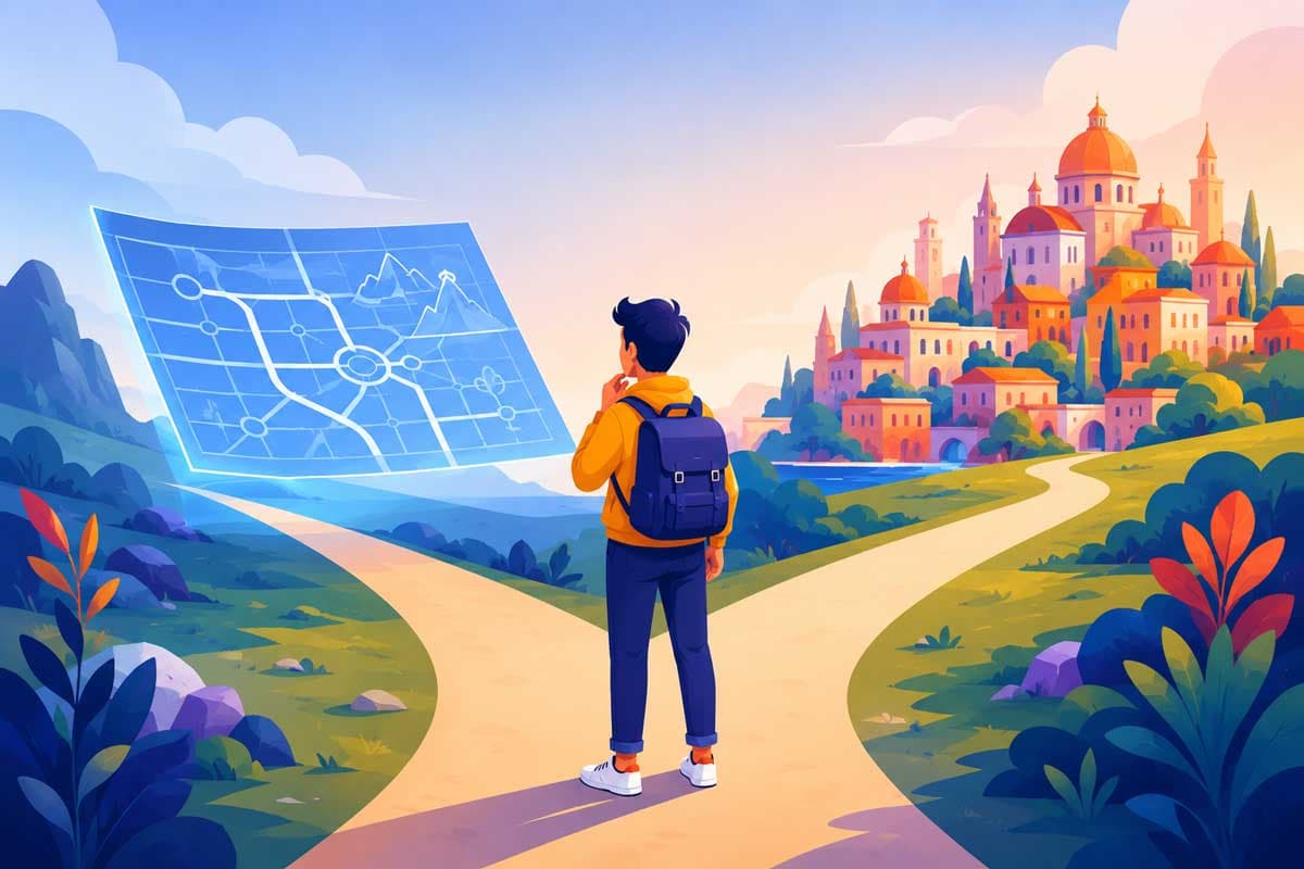Traveller examining a floating map at a crossroads while a colourful city appears in the distance, representing planning and decision-making before moving forward.