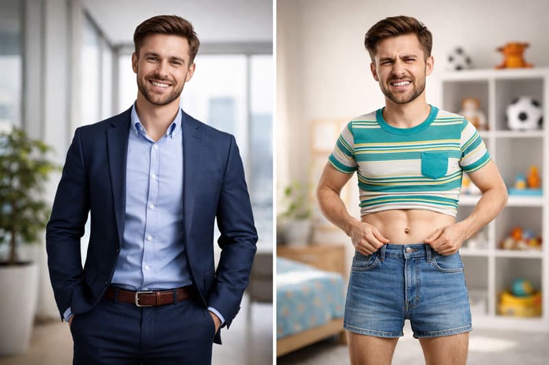 A man with a suite and the same guy wearing his childhood outfit