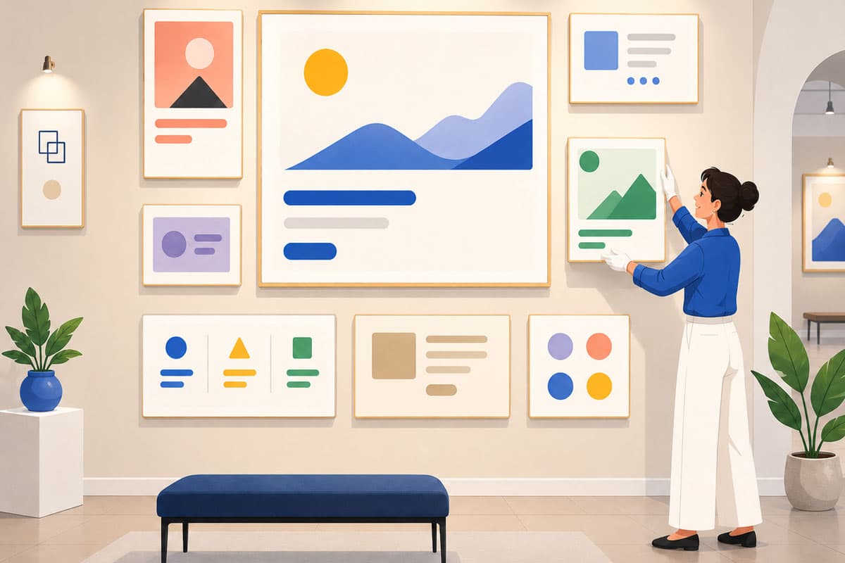Cartoon illustration of a curator arranging abstract website blocks like a gallery wall, showing how spacing and visual hierarchy create a polished website experience.