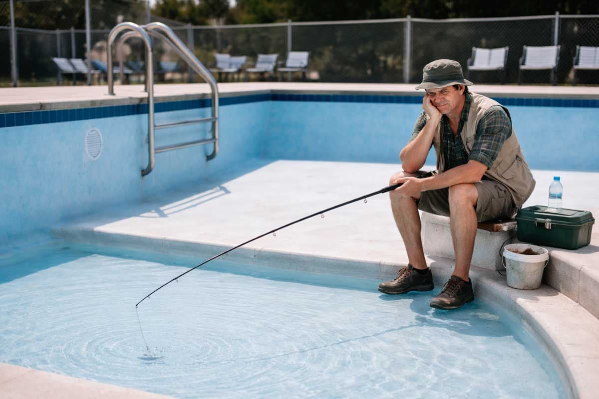 a fisherman trying to catch fish in a shallow pool