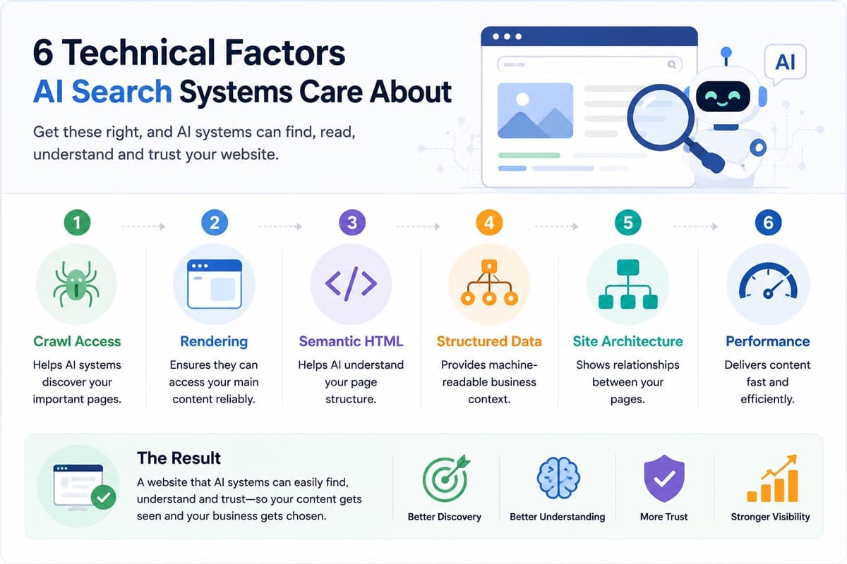 Technical AI search optimisation checklist showing six web development practices: crawl access, rendering, semantic HTML, structured data, site architecture, and website performance.