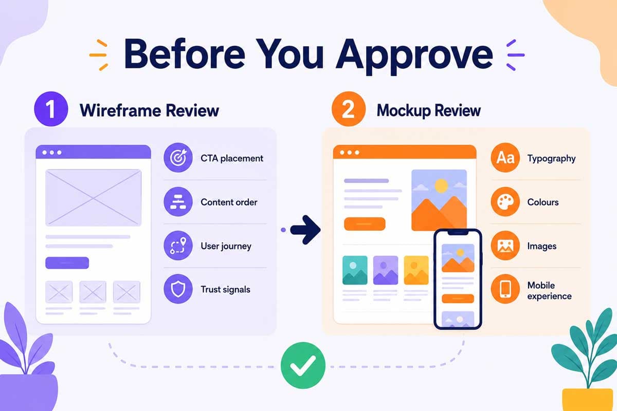 Website design approval checklist infographic showing what to review in a wireframe, including user flow and content order, and what to review in a mockup, including typography, colours, and mobile experience.