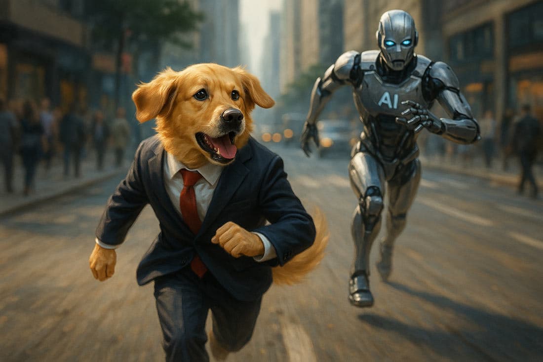 a dog trying to escape from a robot as the ai