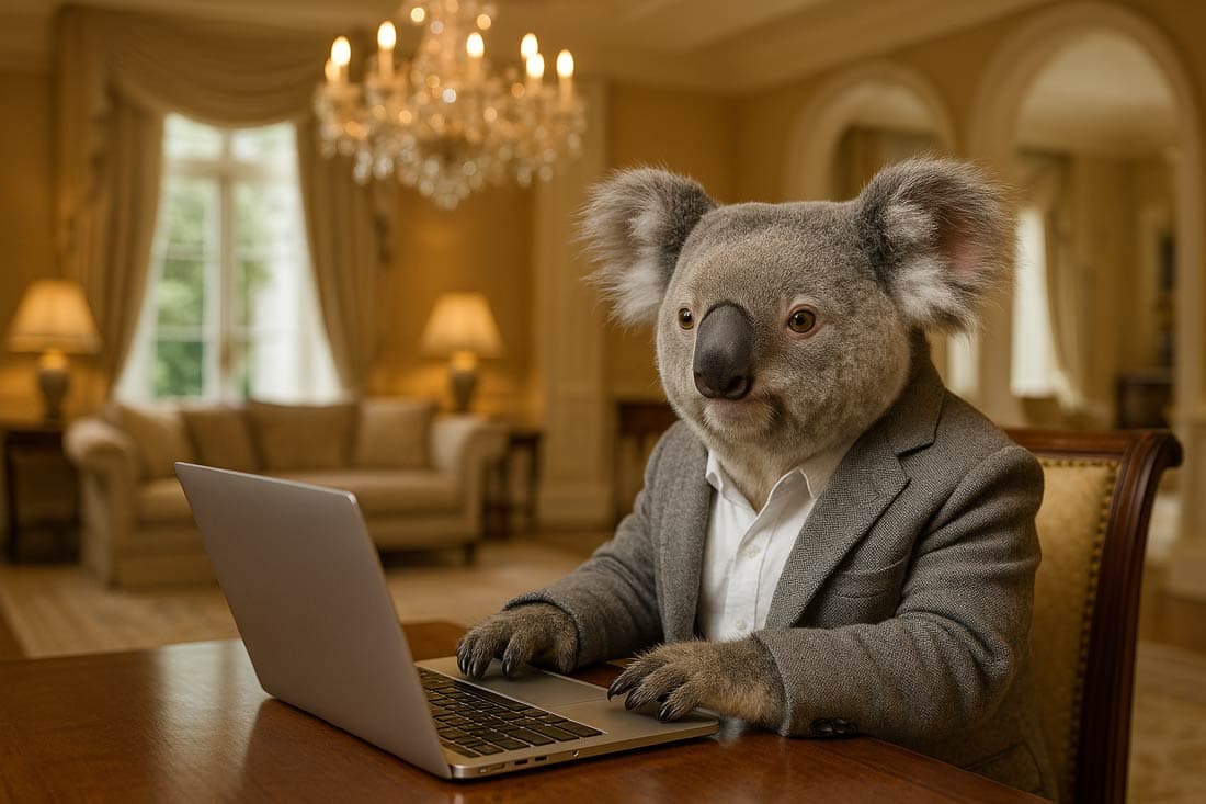 a koala coding in a mansion