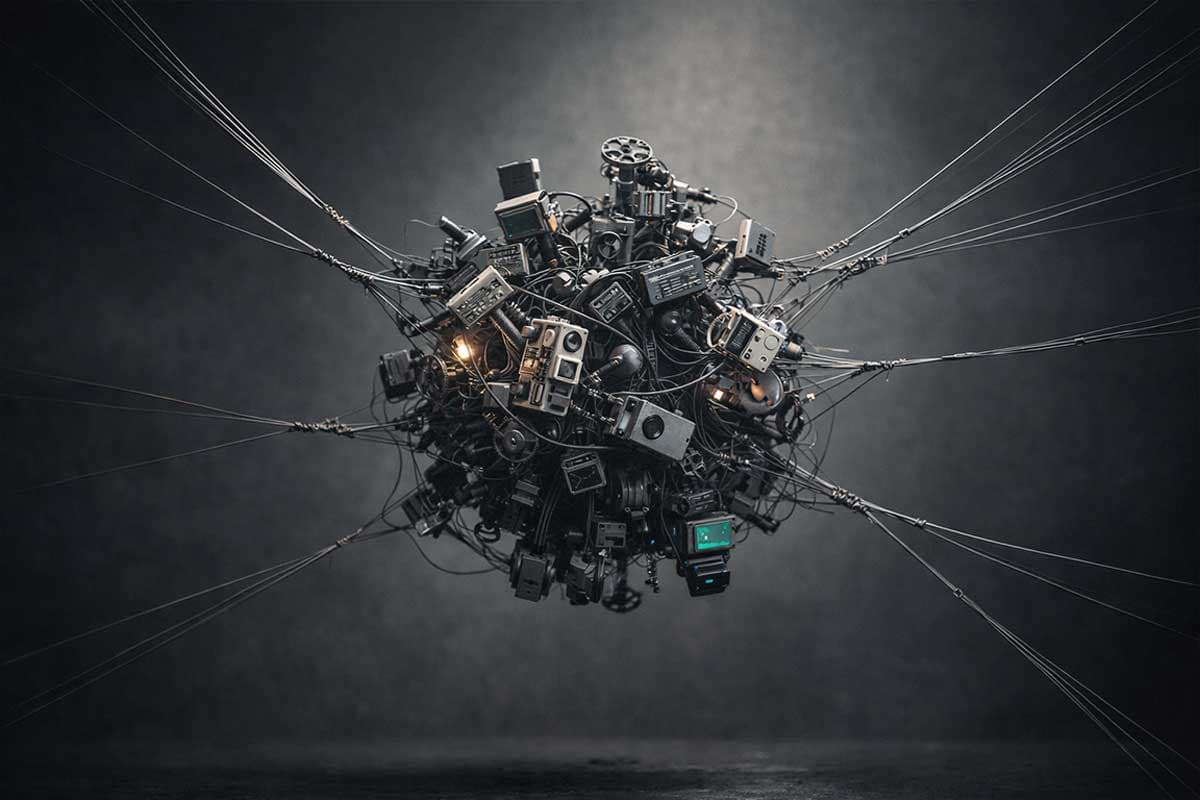 Complex mechanical structure made of many disconnected parts representing plugin heavy website architecture