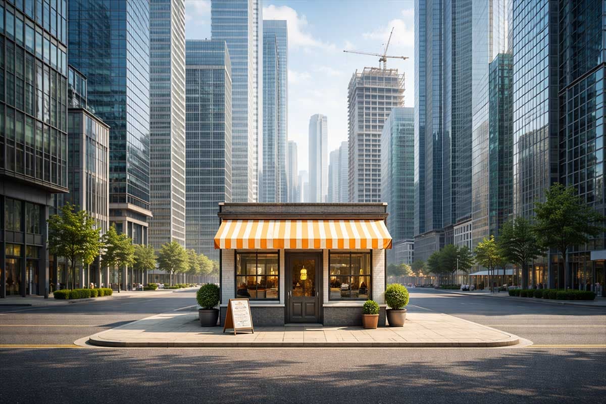 Small simple structure surrounded by growing city buildings symbolising limited brochure websites during business growth