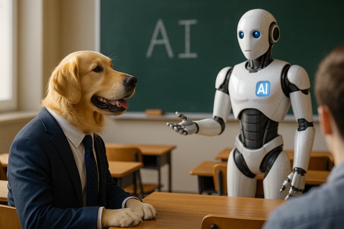 a robot teaching a dog in a classroom