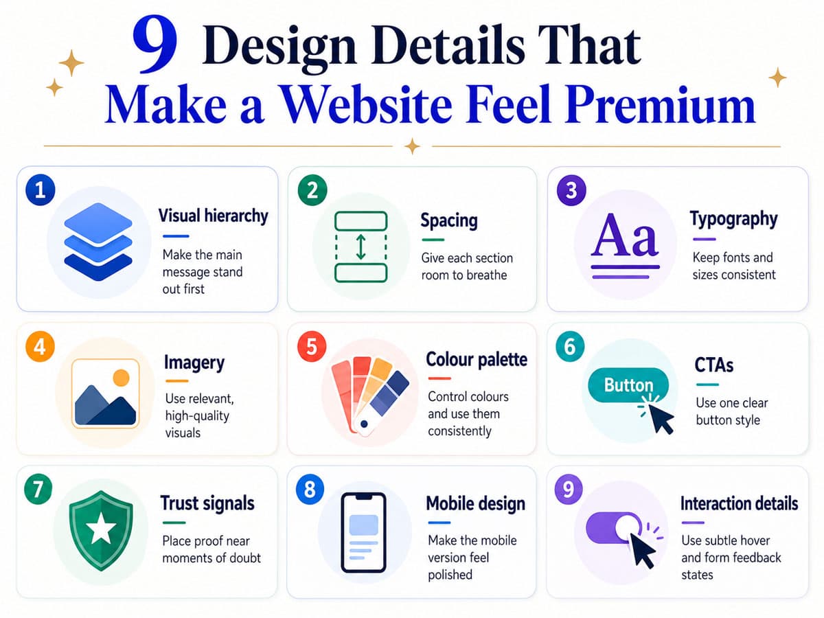 Infographic showing nine design details that make a website feel premium, including visual hierarchy, spacing, typography, imagery, colour palette, CTAs, trust signals, mobile design, and interaction details.