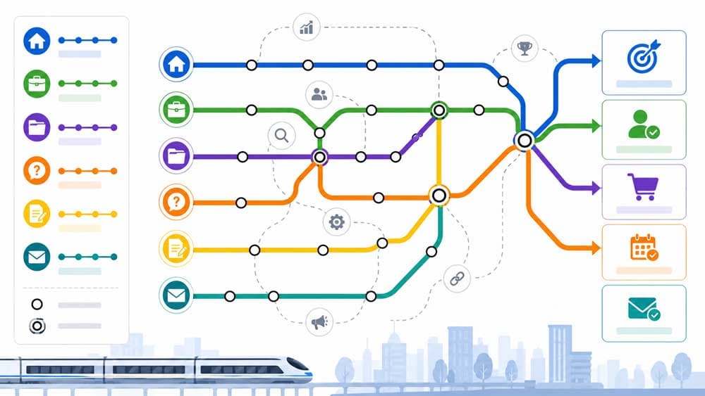 Stylised infographic showing website structure as a connected metro transportation system linking homepage, service pages, FAQs, blog content, case studies, and conversion paths.