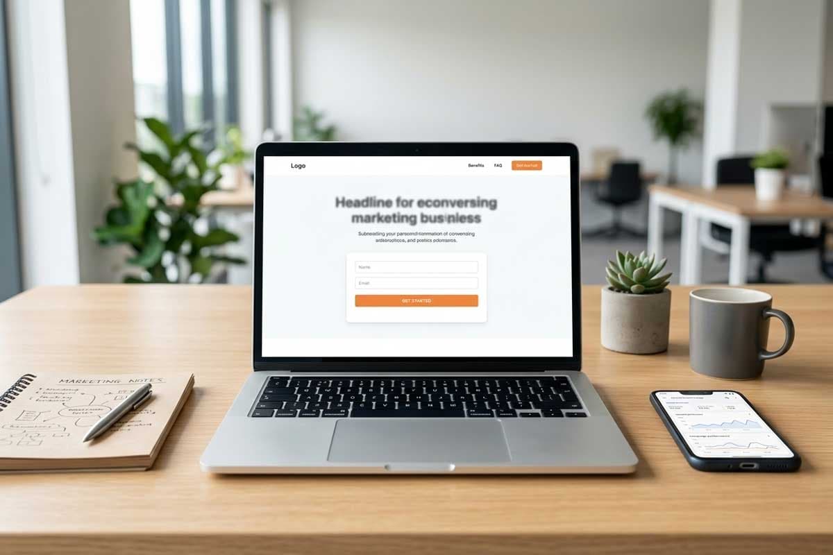 Minimal landing page design with a clear call to action and lead capture form displayed on a laptop screen