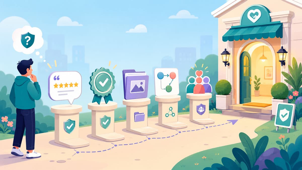 Infographic showing where trust signals should appear on a website, including testimonials, case studies, credentials, client logos, and process explanations.
