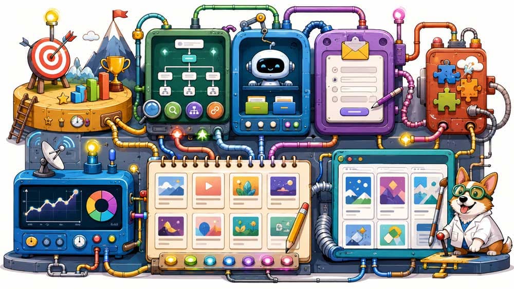Illustrated infographic showing the main parts of custom website planning, including business goals, SEO structure, CMS, integrations, enquiry flow, content planning, and tracking systems connected in one organised workflow.