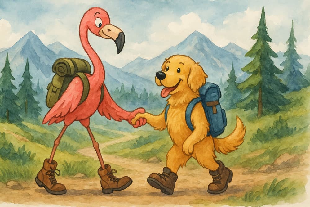 a flamingo helping a dog, both in suits