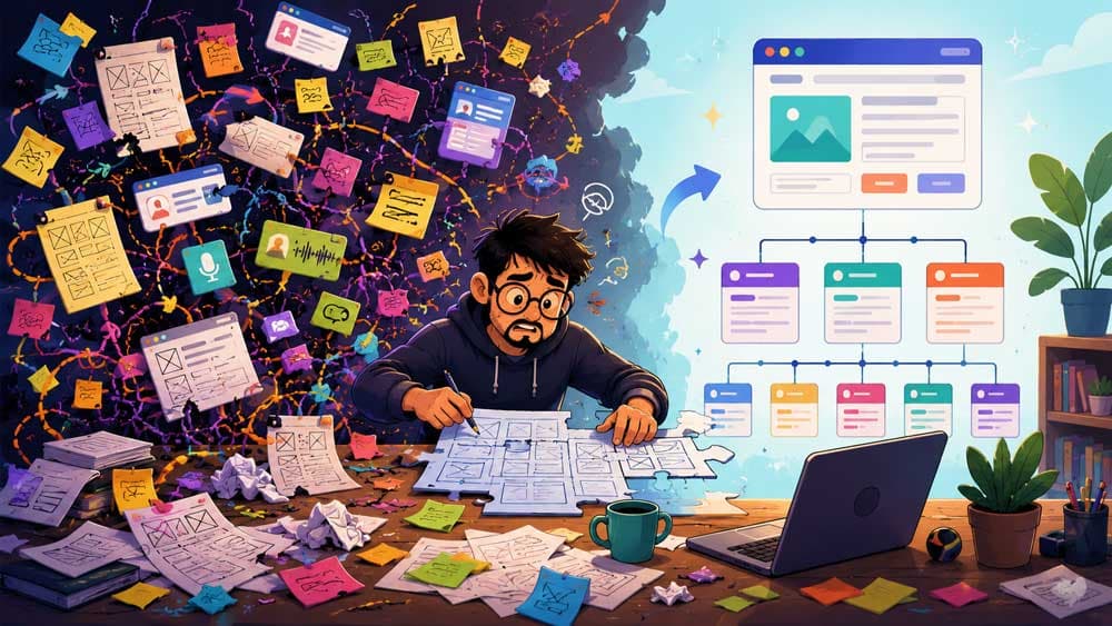Web developer attempting to organise scattered business notes, wireframes, and disconnected ideas into a clean structured website plan, showing the contrast between chaos and organised planning.
