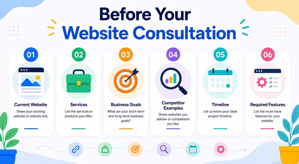 Checklist infographic showing the information businesses should prepare before a website design consultation, including goals, services, website examples, and functionality requirements.