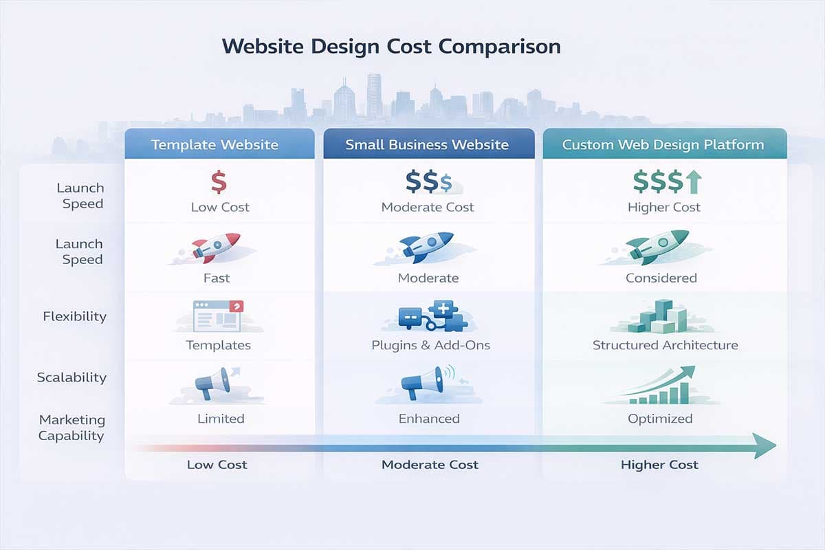 Infographic comparing template websites small business websites and custom web design platforms