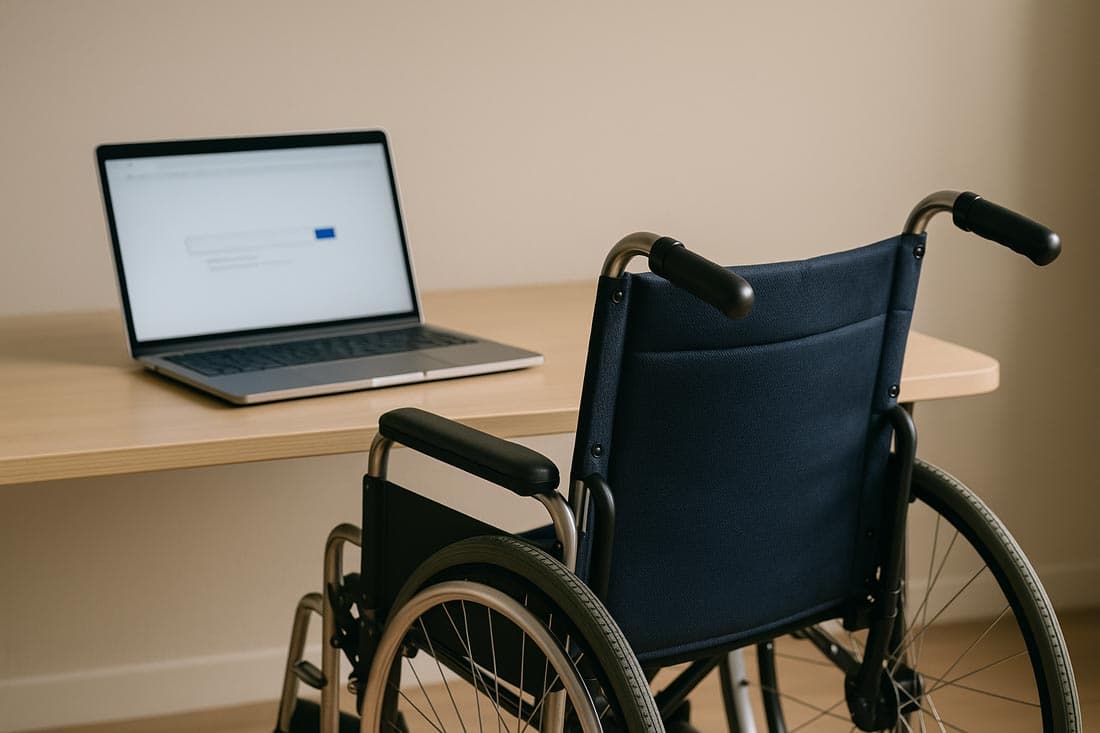 a wheelchair in front of a laptop to resemble accesible web design