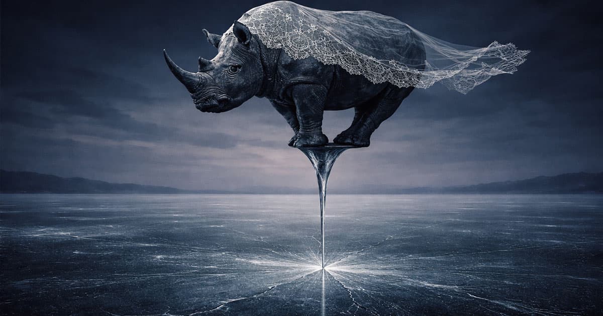a rhyno standing on a needle
