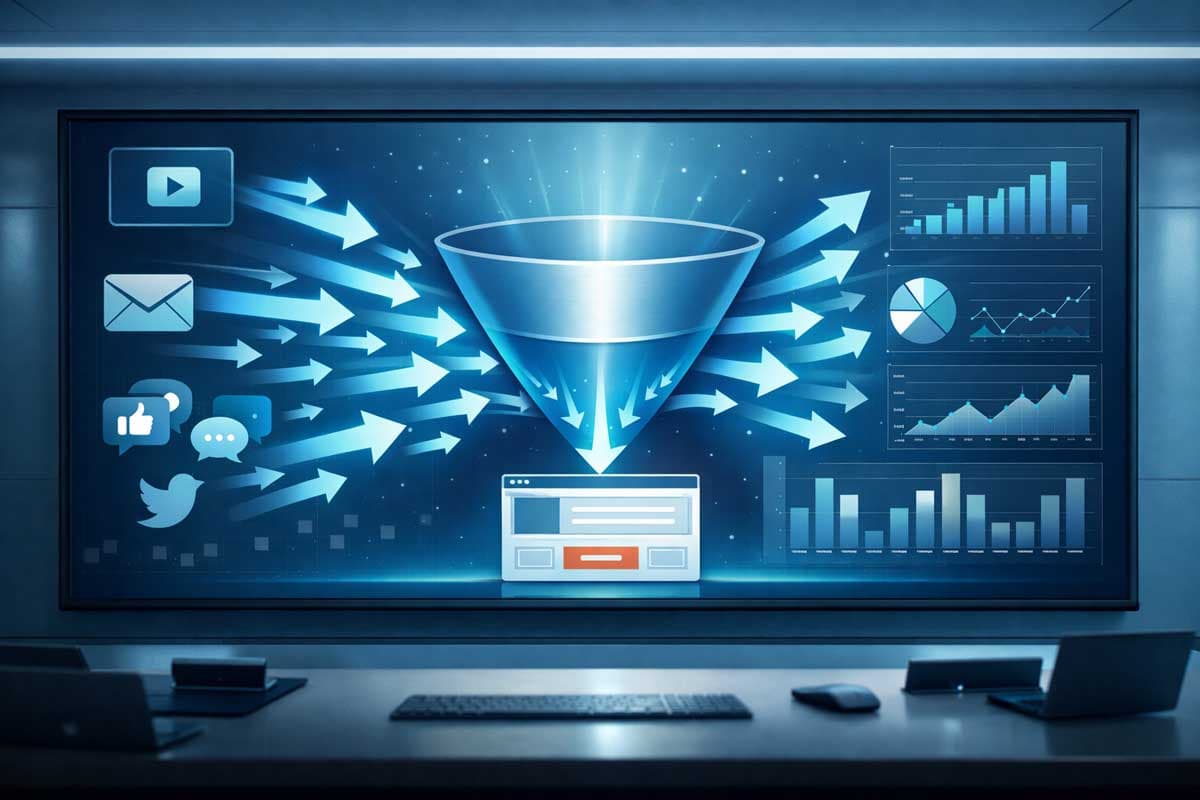 Digital marketing traffic from ads email campaigns and social media directed to a focused landing page funnel