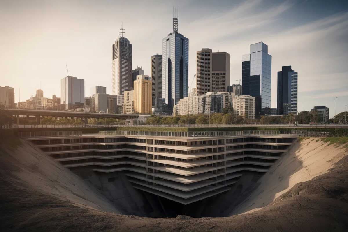 Building with deep layered foundations representing strong content depth and topical authority