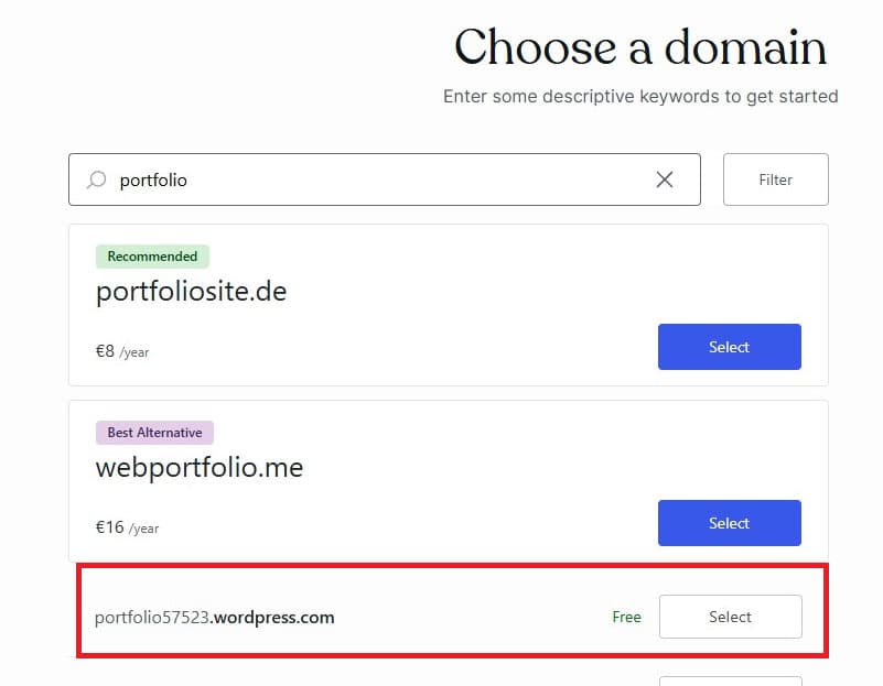 Choose the one that is like "someRandomText.wordpress.com" that has the free tag on it.
