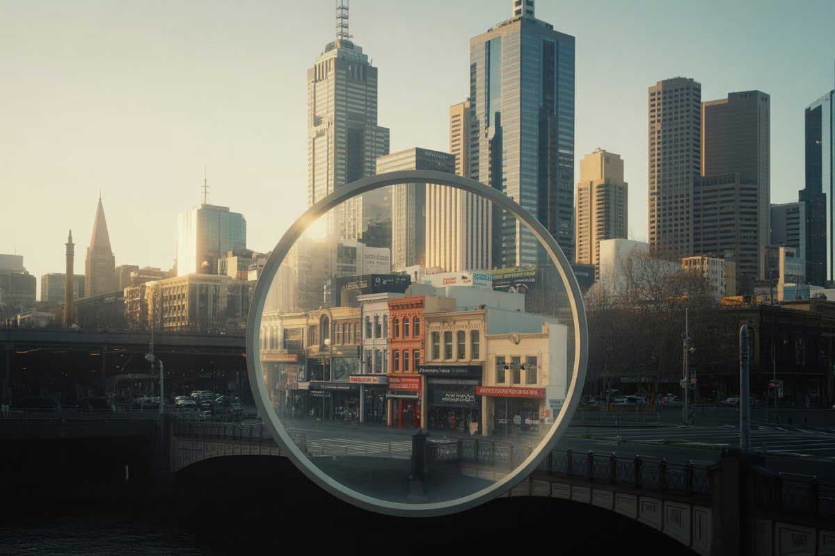Magnifying glass over Melbourne city representing search engines discovering businesses online