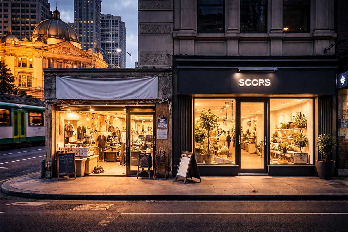 Two contrasting Melbourne storefronts representing cheap web design versus professional website development