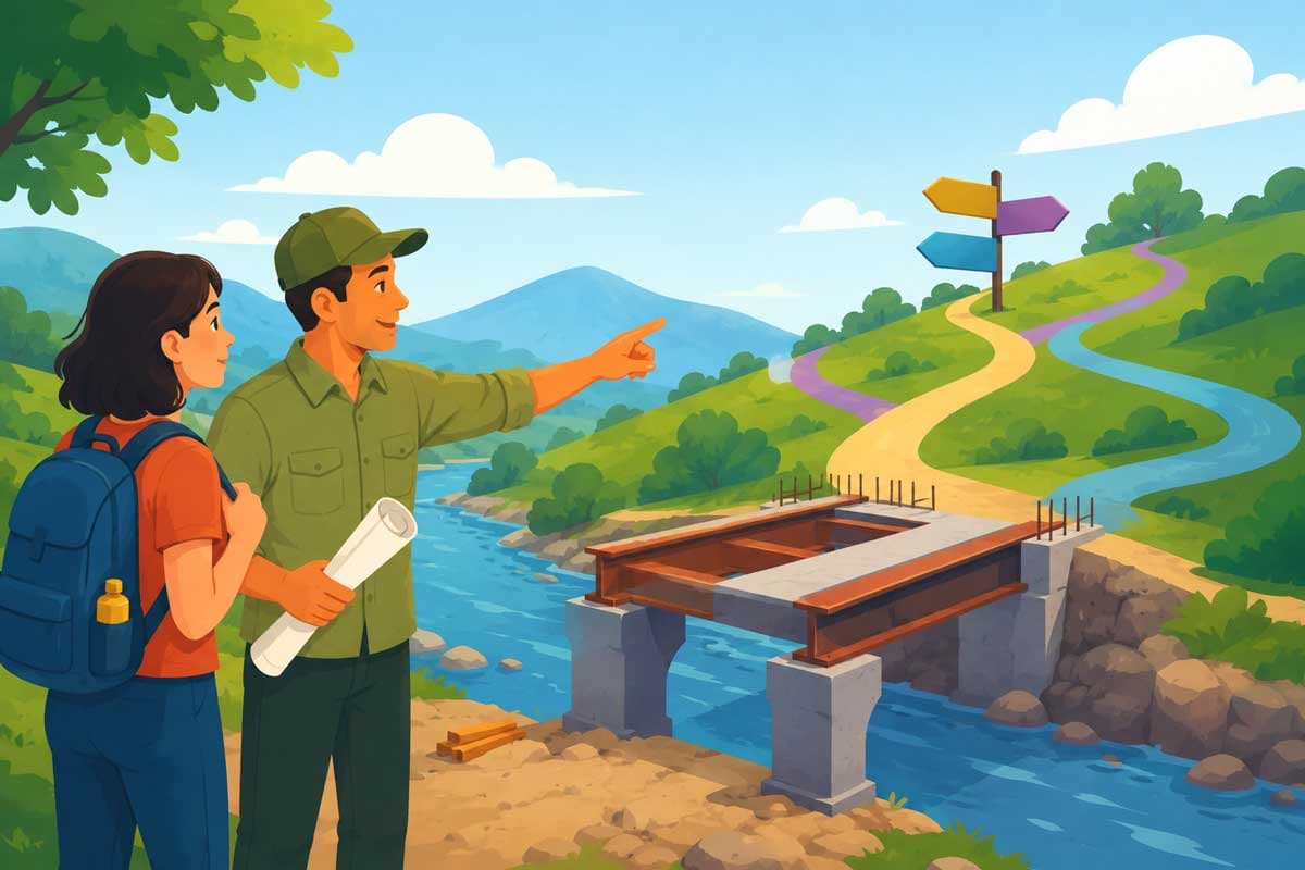 A guide discussing possible routes with a traveller before completing a bridge, representing the planning and discussion that take place during a website discovery call.