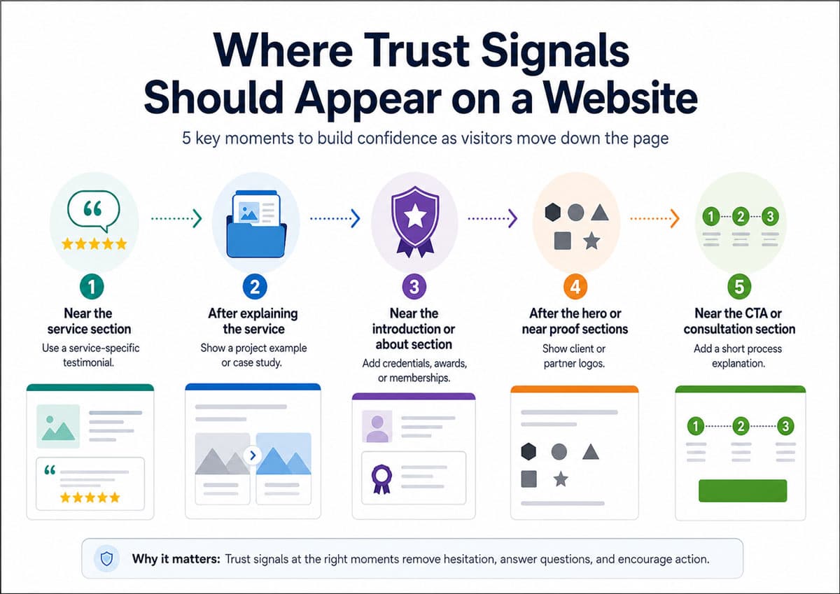 Infographic showing where trust signals should appear on a website, including testimonials, case studies, credentials, client logos, and process explanations.