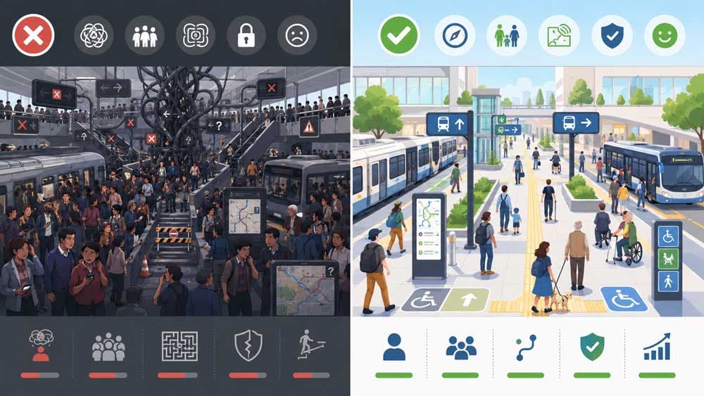 Conceptual infographic comparing a chaotic inaccessible public transport system with a calm accessible infrastructure designed for clearer navigation and easier movement for everyone.