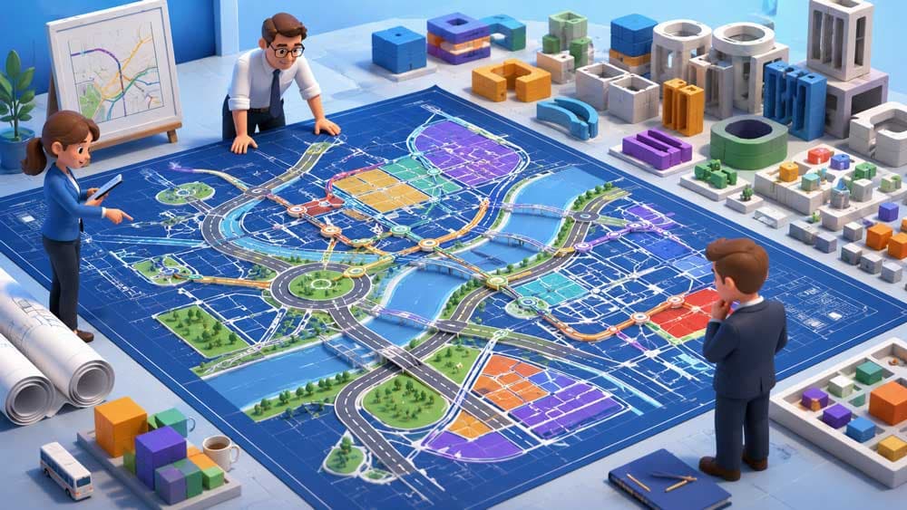 Conceptual illustration showing architects decorating buildings before roads and infrastructure exist while a city planner studies an organised transportation blueprint nearby.