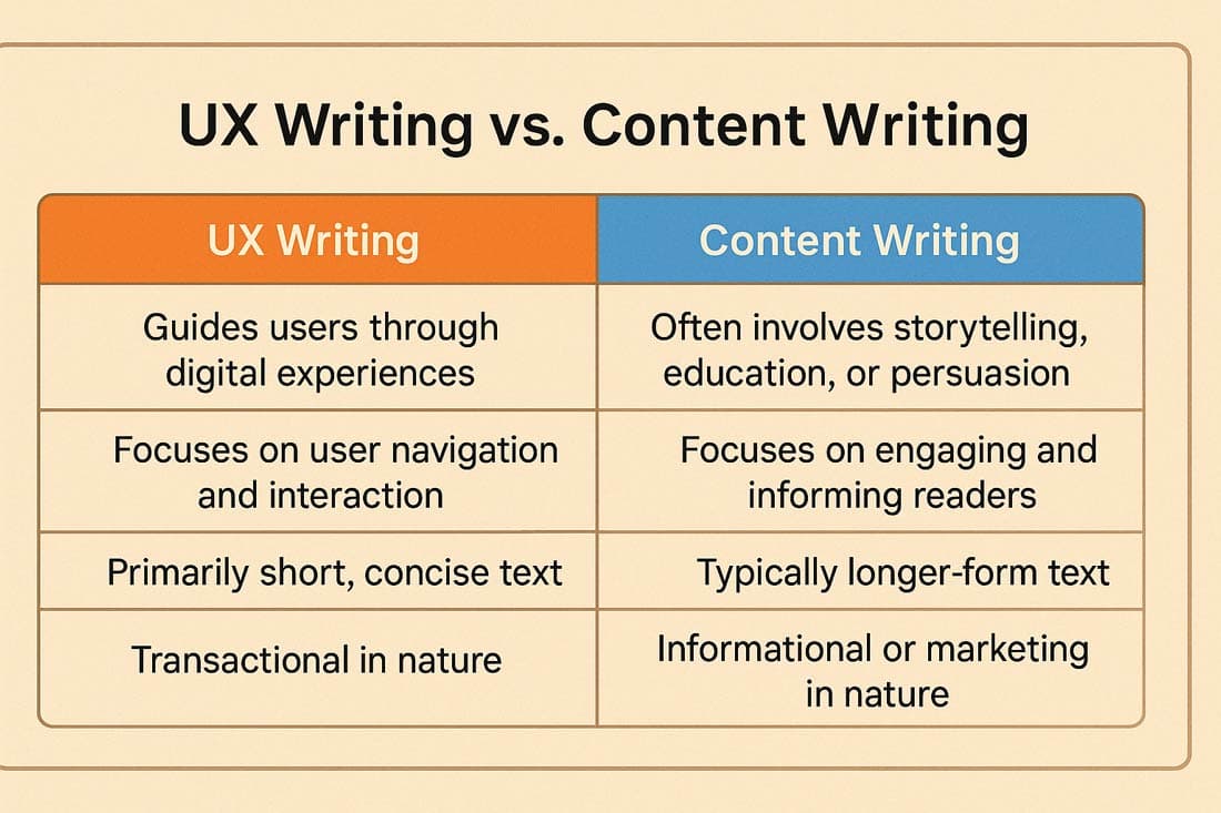 a table for comparing ux writing and content writing