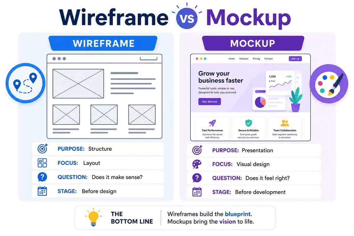 Comparison infographic showing the differences between website wireframes and mockups, including purpose, focus, approval criteria, and project stage.