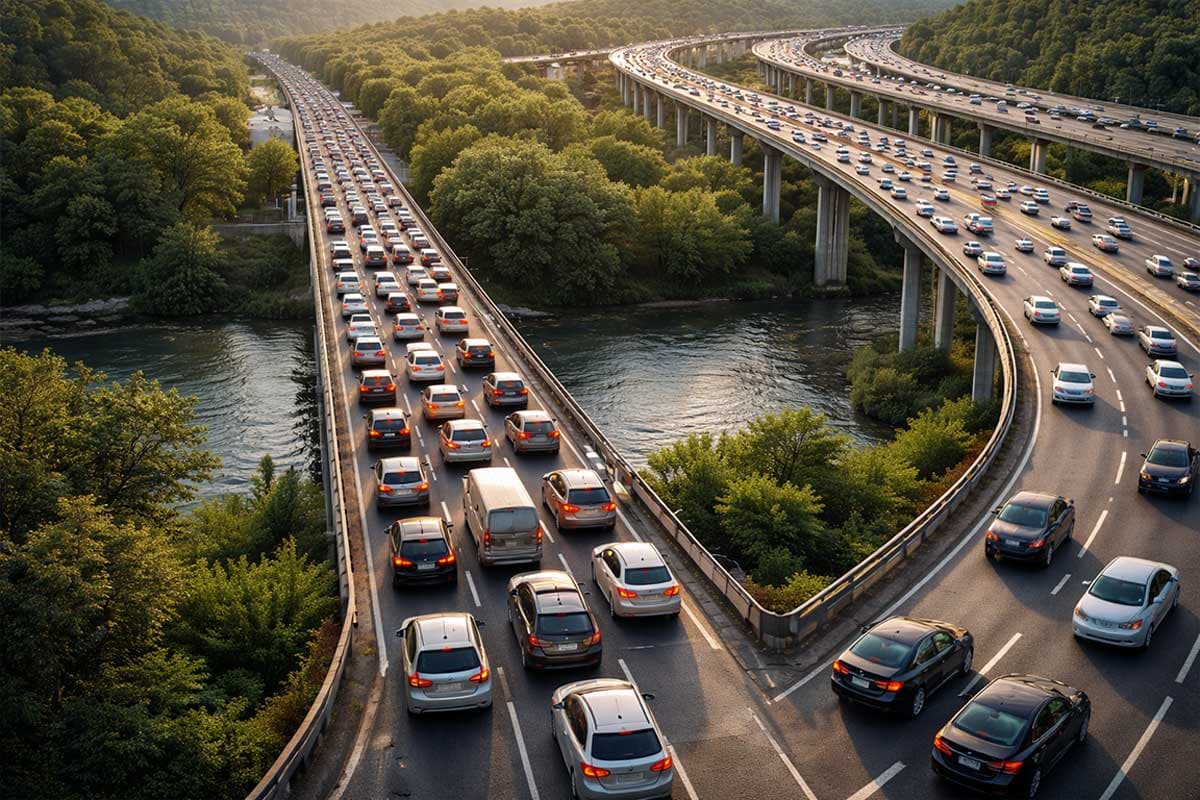 Traffic congestion on a narrow bridge compared to a large highway symbolising website scalability challenges